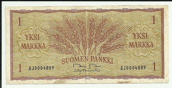 Suomen Pankki 1 markka seteli 1963 AJ-Sarja