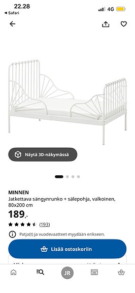 IKEA MINNEN jatkettava lastensänky valkoinen metallirunko