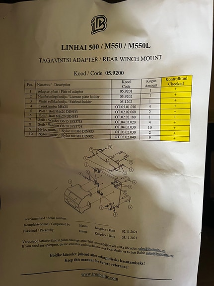 Linhai 500+ takavinssin kiinnityssarja