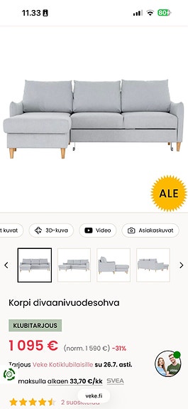 Siisti ja hyväkuntoinen sohva
