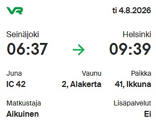 VR junaliput Seinäjoki–Helsinki-Seinäjoki ti 4.8.2026