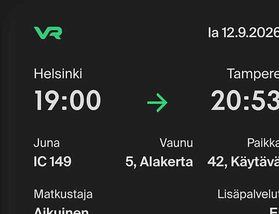 VR junaliput –Tampere–Helsinki-Tampere la 12.9.