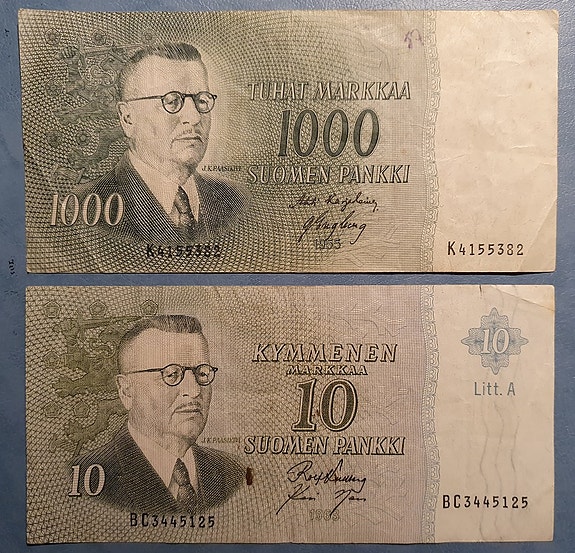 Kaksi Paasikivi-seteliä: 1000 mk 1955 K... + 10 mk 1963 BC...