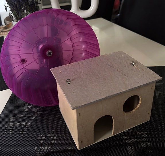 Hamsterin juoksupyörä ja puutalo
