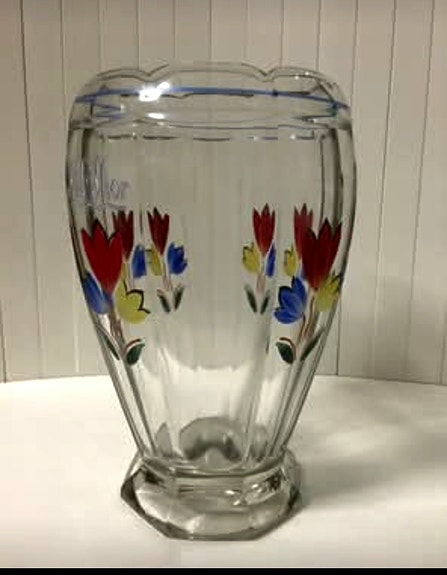 Vanha käsinmaalattu Kauklahden Lasi maljakko 17 cm