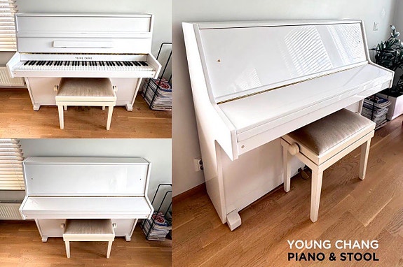 Young Chang valkoinen pystypiano jakkaralla