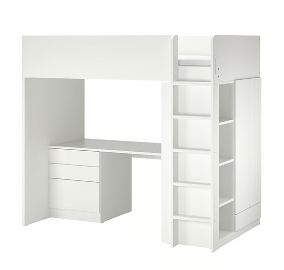 IKEA valkoinen parvisänky työpöydällä ja säilytyksellä