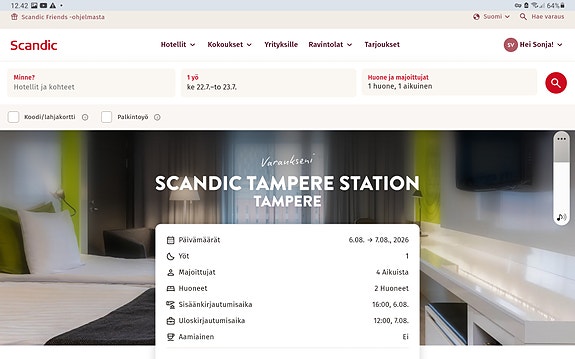 6.-7.8.2026 Scandic Tampere Station hotelliyö Tampereella neljälle