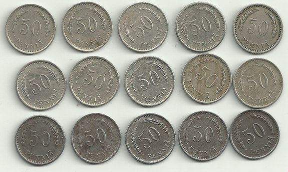 Suomen 50 penniä kolikot erä 15 erilaista 1921-1947