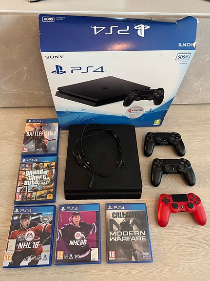 PlayStation 4 Slim 500 GB + 3 ohjainta + 5 peliä