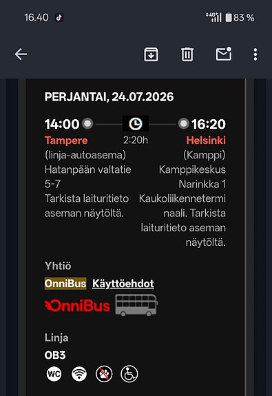 OnniBus-lippu Tampere–Helsinki 24.7.2026 klo 14:00