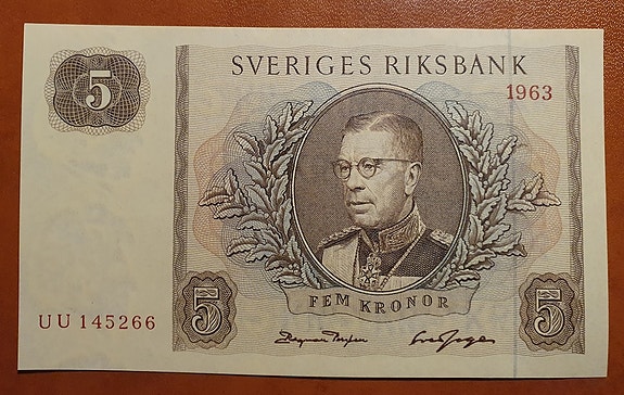 Ruotsalainen seteli 5 kronor 1963 UU-sarjaa sileä