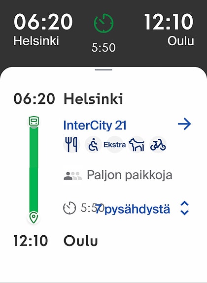 Junalippu Helsinki–Oulu 5.8.