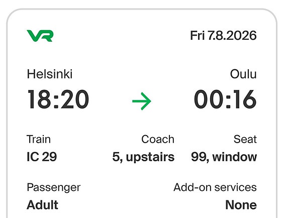 VR-junalippu Helsinki–Oulu 7.8.2026