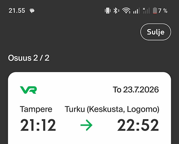Junalippu 23.7.26 Oulu-Tampere-Turku