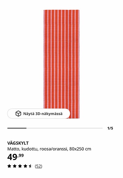 IKEA VÄGSKYLT matto 80x250 cm roosa/oranssi