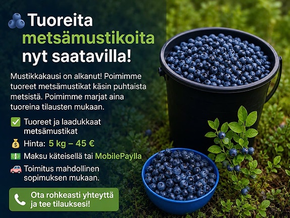 Tuoreita metsämustikoita myyntiin Espoossa 10L/40€