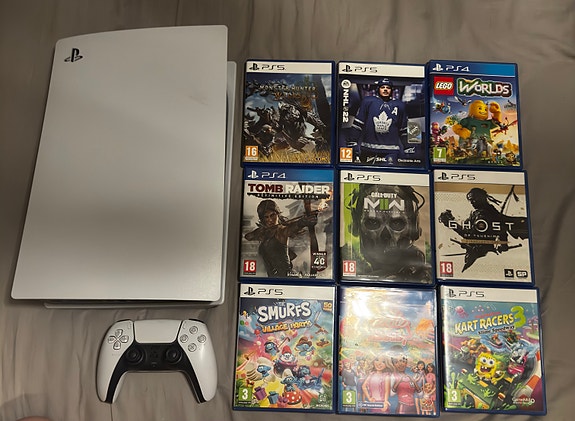 Uudenveroinen PlayStation 5 konsoli + pelejä + kamera