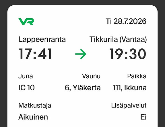 VR junalippu Lappeenranta–Tikkurila