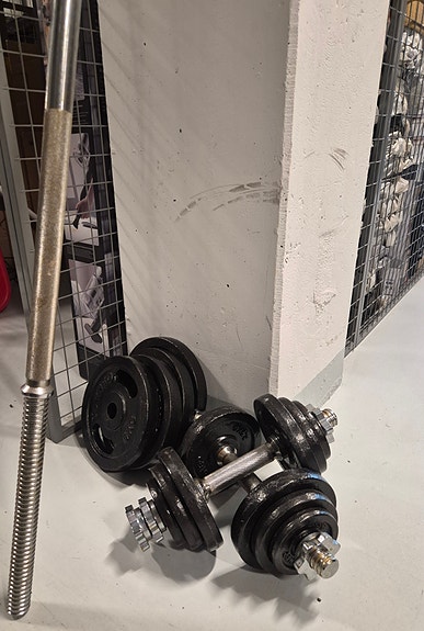 levytanko- ja käsipainosarja, painot yhteensä 37 kg