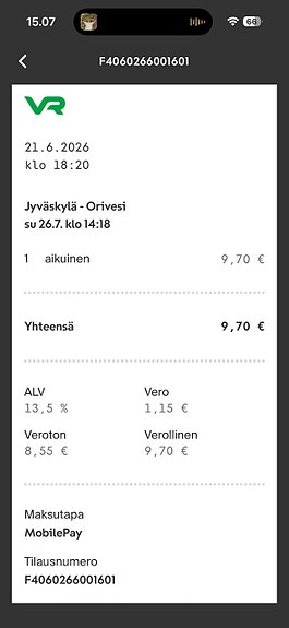 Jyväskylä–Orivesi ja Orivesi–Jyväskylä junaliput aikuiselle