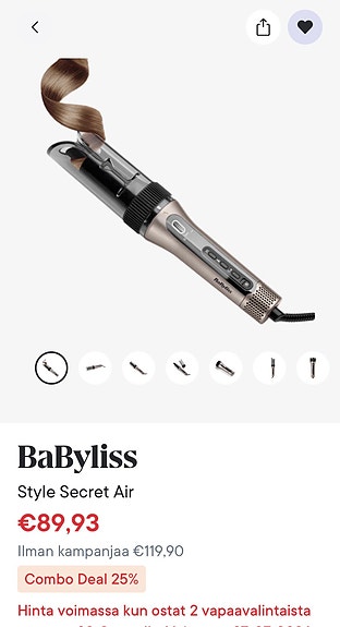 UUSI 05/2026 Lykolta ostettu BaByliss Style Secret Air automaattinen kiharrin