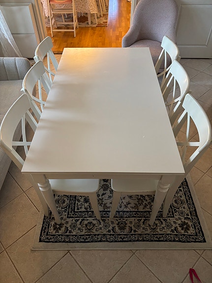 IKEA Rosentorp (aiemmin Ingatorp) valkoinen ruokapöytä ja 6 tuolia