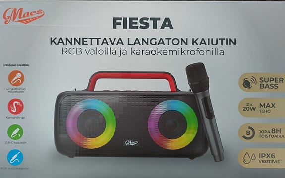 Fiesta kannettava langaton kaiutin RGB-valoilla ja mikrofonilla.
