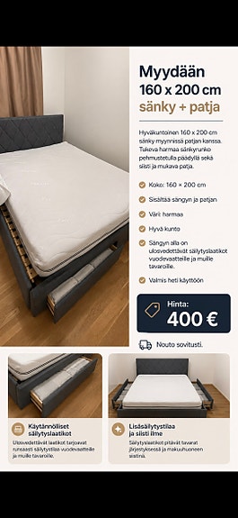sänky Betina bed,160×200,grey