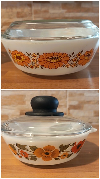 Kaksi vintage pyrex-uunivuokaa lasikansilla