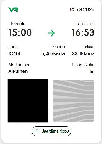 VR junalippu Helsinki – Tampere 6.8.2026 klo 15:00