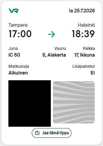 VR junalippu Tampere - Helsinki 25.7.2026 klo 17:00