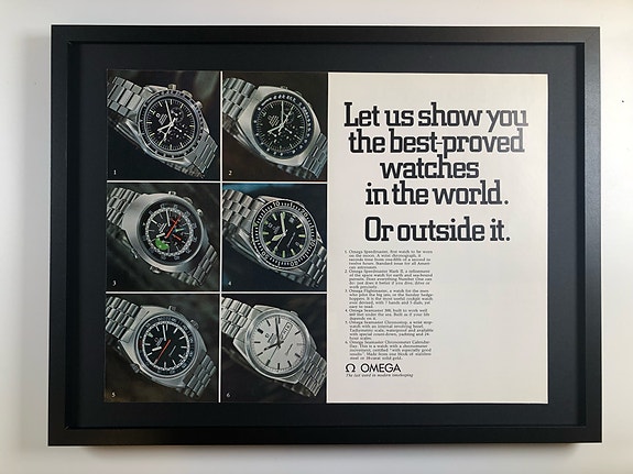Framed 1970 Vintage Omega Watches Original Double-Page Magazine Advertisement