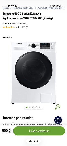 Samsung kuivaava pyykinpesukone