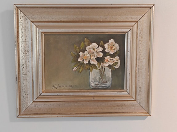 Nylund öljyvärimaalaus "Valkotulppaanit" 1994