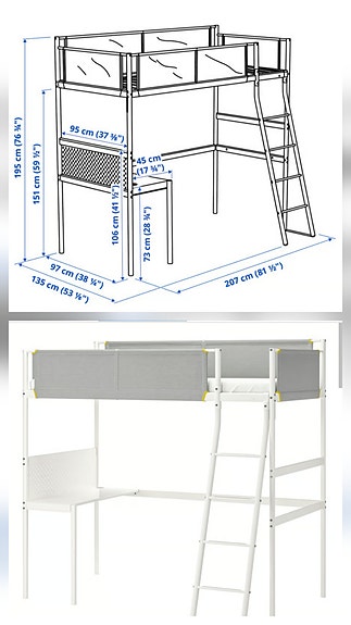 IKEA parvisänky työpöydällä 90x200 valkoinen/harmaa