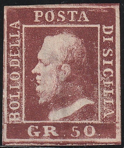 Italian antiikkivaltiot - Sisilia 1859 - 50 gr. ruskea lakka. Kuiva painatus,
