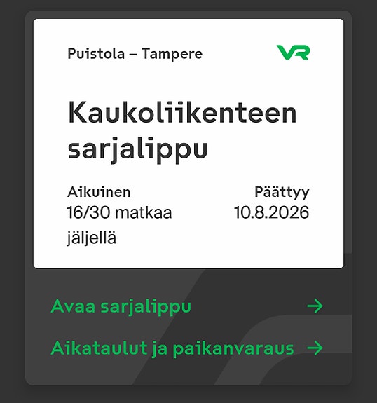 VR junalippu Tampere - Puistola ( Helsinki ) - Tampere