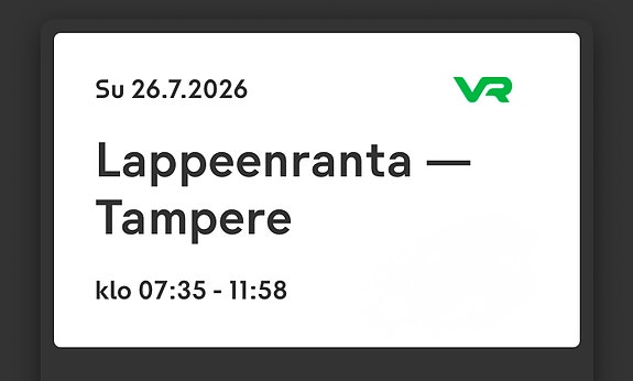 Su 26.7 Lappeenranta - Tampere VR junalippu alle 17-vuotiaalle