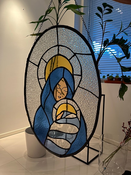 Lasinen ikkunakoriste, lyijylasi-ikoni Madonna ja lapsi