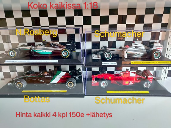 4 kpl Formula F1 koko 1:18 Vitriinissä.