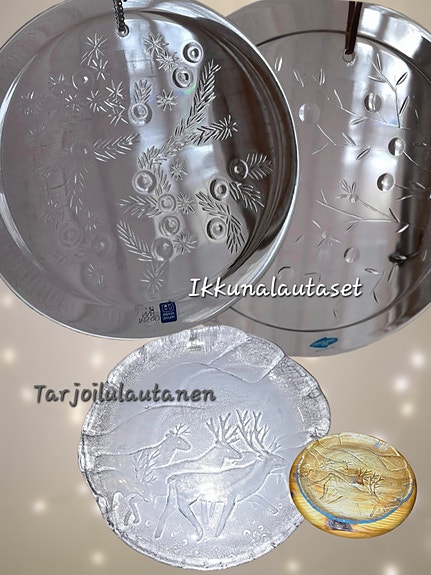 3 setti: Muurla / Nuutajärvi. Poro lasi/puulautanen ja 2 x ikkunalautaset